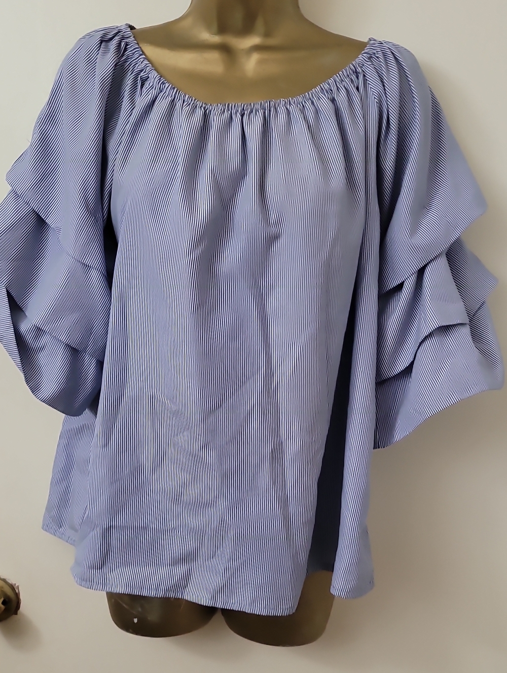 Blue Pinstripe Ruffle-Sleeve Women’s Blouse